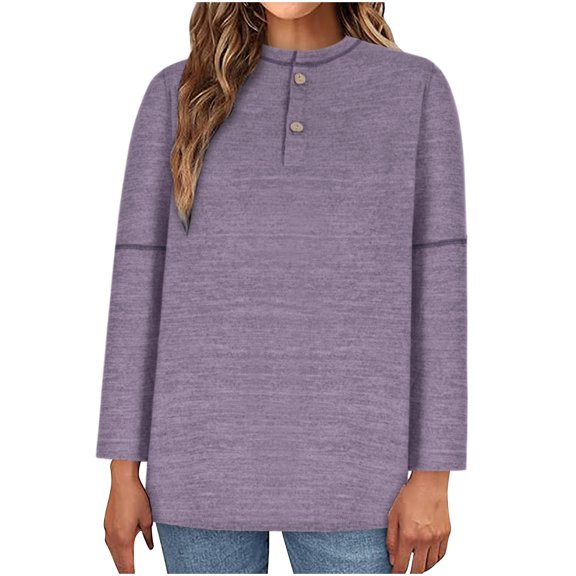 LEBONYARD Womens Long Sleeve Shirts,Women's Solid Color Long Sleeve Casual Loose V-neck Button Tops Purple XXXXXL
