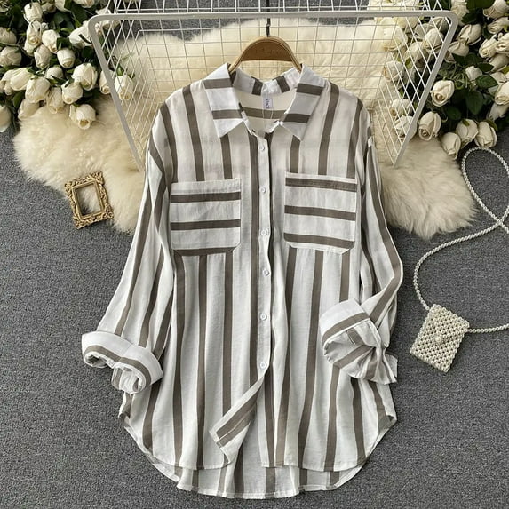 LEBONYARD Womens Long Sleeve Shirts,Womens Tops 3/4 Sleeve Tunic Clearance Clearance,Women's Summer Casual Mid-length Vertical Striped Multi-colored Shirt Khaki S