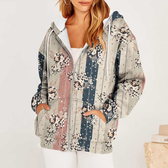 LEBONYARD Womens Outwear Jackets Winter Fashion 2024,Coats for Women Plus Size,Women's Casual Printed Long Sleeve Zipper Hooded Tops Blouse with Pocket Sweatshirt Jackets Multicolor S