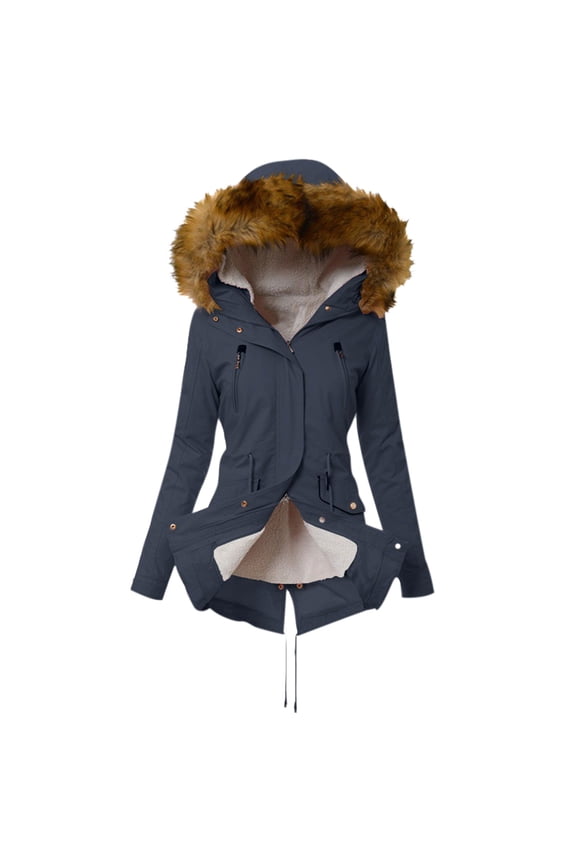 Womens Outwear Jackets Winter Fashion 2024,Jackets for Women Trendy,Womens Ladies Warm Jacket Winter Solid Turn Coat Hooded Collar Lambswoo Outerwear Dark Blue S