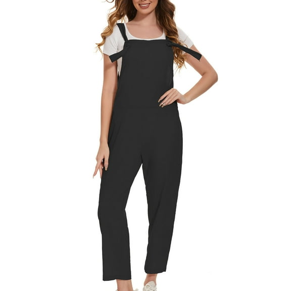 LEBONYARD Womens Overalls Plus Size,Women Ladies Solid Color Summer Sleeveless Backless Loose Long Playsuits Rompers Jumpsuit Black S