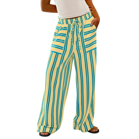 LEBONYARD Womens Pants Clearance Under $10,Lounge Pants for Women Cotton Linen,Women's Summer High Waisted Wide Leg Pants Stripe Matching Yoga Gym Long Pants Yellow L