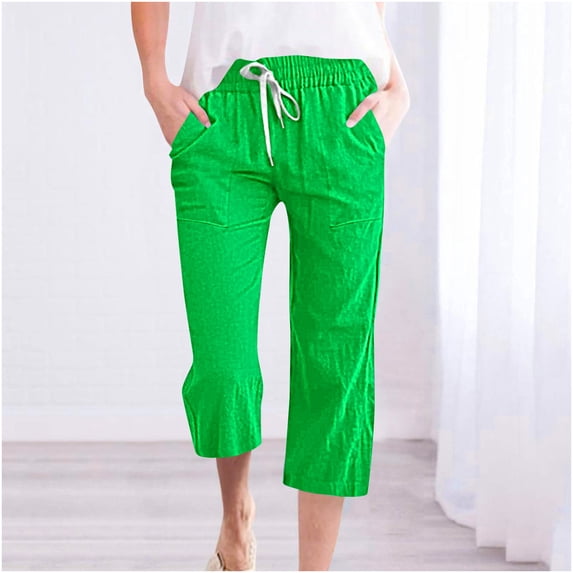 LEBONYARD Womens Pants Clearance under $10,Wide Leg Pants for Women Clearance Spring Summer,Women's Fragrant Hemp Solid Color Loose Women Fashion Drawstring Pants Seven Pants Pockets Green XXXL
