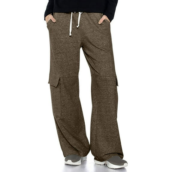 LEBONYARD Womens Pants Cargo,Womens Wide Leg Lounge Pants with Pockets,Women's Solid Color Sports Loose Casual Wide Leg Leggings Brown S