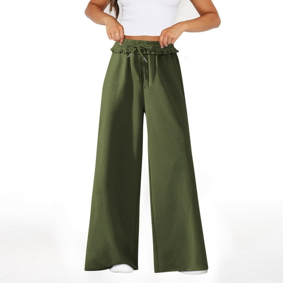 LEBONYARD Womens Pants Clearance Plus Size,Womens High Rise Dressy Wide Leg Pants,Women's Elastic Lace-Up Casual Solid Color High Waisted Wide Leg Yoga Pants Army Green S