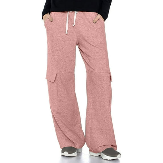 LEBONYARD Womens Pants under $10,Womens Pants Plus Size,Women's Solid Color Sports Loose Casual Wide Leg Leggings Pink M