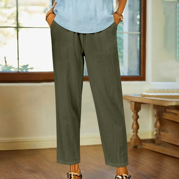 LEBONYARD Womens Pants Elastic Waist,Women's Spring and Solid Color Elastic Waist Cotton Linen Versatile Straight Tube Casual Wide Leg Pants Army Green S
