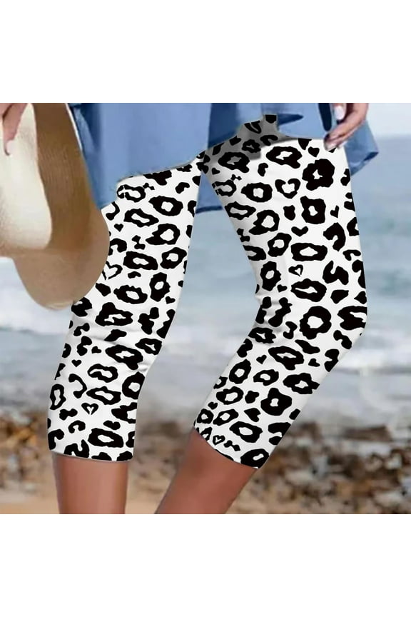 Womens Pants Plus Size Clearance,Capris for Women Dressy up to 50% off,Womens Athletic Cropped Pants Floral Printing Casual Elastic Waist Beach Pants White L