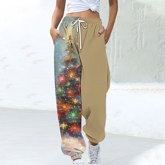LEBONYARD Womens Pants Plus Size Clerance $5,Ladies' Christmas Velvet Printed Comfortable High Waisted Drawstring Pants with Waistband and Leg Binding Sweatpants Khaki L
