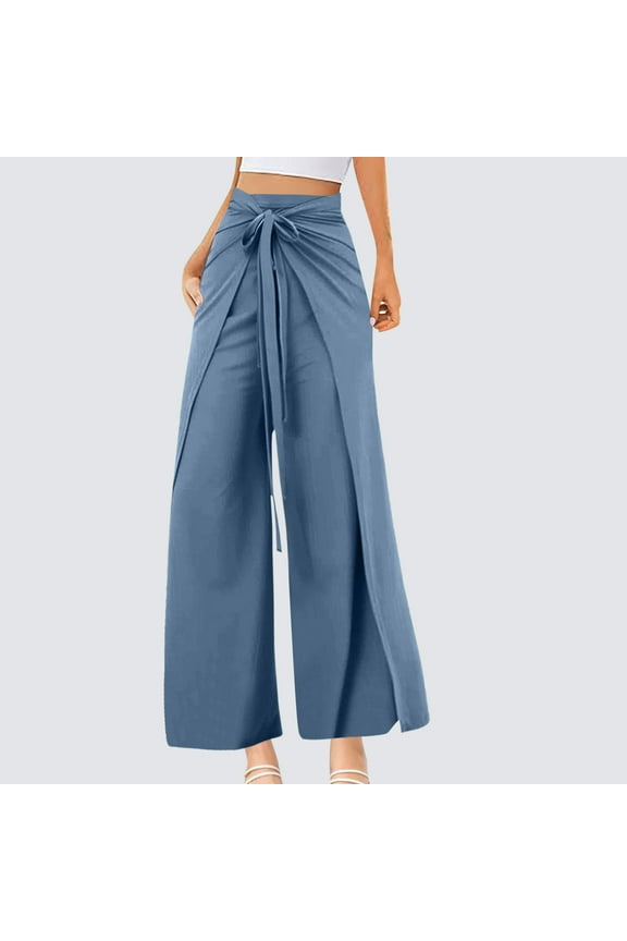 Womens Pants Plus Size Clerance $5,Women's Summer Comfortable High Waist Sexy Wide Leg Split Bottom Pants Wrapped Yoga Pants Blue XXL