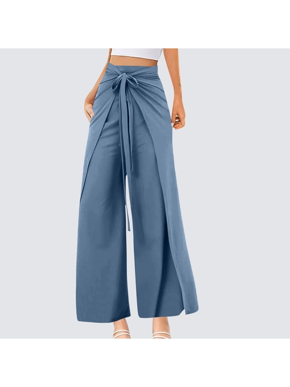 Womens Pants Plus Size Clerance $5,Women's Summer Comfortable High Waist Sexy Wide Leg Split Bottom Pants Wrapped Yoga Pants Blue XXL