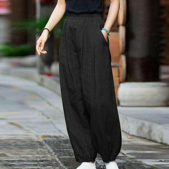 LEBONYARD Womens Pants Plus Size Clerance Elastic Waist,Women's Casual Slim High Elastic Waist Solid Color Sports Cotton and Linen Pants Black XL