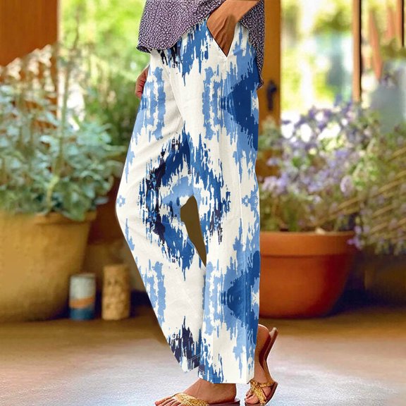 LEBONYARD Womens Pants Plus Size,Women'S Spring Printed Elasticated Waist Full Length Casual Pants Nine-Point Pants Multicolor XL