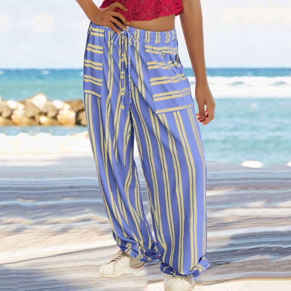 LEBONYARD Womens Pants Plus Size,Womens Pants Elastic Waist,Women's Summer High Waisted Wide Leg Pants Stripe Matching Yoga Gym Long Pants Light Blue S
