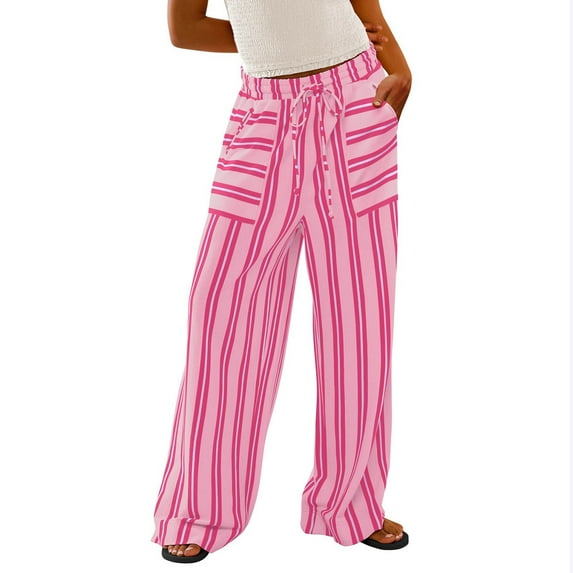 LEBONYARD Womens Pants Plus Size,Womens Pants Trendy,Women's Summer High Waisted Wide Leg Pants Stripe Matching Yoga Gym Long Pants Hot Pink L