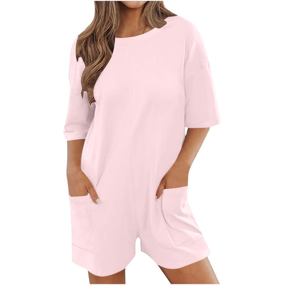 LEBONYARD Womens Pants with Pockets,Women's Solid Oversized Athletic Tee Romper Back V Neck Half Short Sleeve Wearing Both Front and Back Workout Rompers Casual Shorts Jumpsuit with Pockets Pink XXL