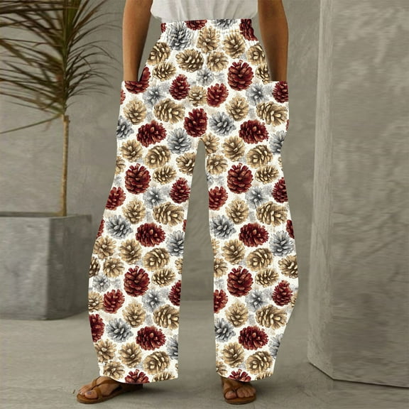 LEBONYARD Womens Pants with Pockets,Womens Pants under $10,Women Casual Printing Pockets Elastic Mid-Waist Comfortable Wide-Legged Loose Pants Multicolor M