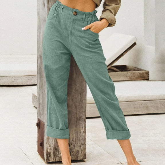 LEBONYARD Womens Pants with Pockets,Womens Pants Dressy Casual,Women Casual Solid Color Pockets Buttons Elastic Waist Comfortable Straight Pants Light Blue S