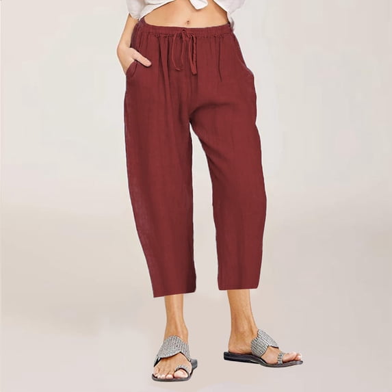 LEBONYARD Womens Pants Elastic Waist,Women Casual Solid Cotton Linen Drawstring Elastic Waist Wide Leg Pants Cropped Trousers Wine XXL