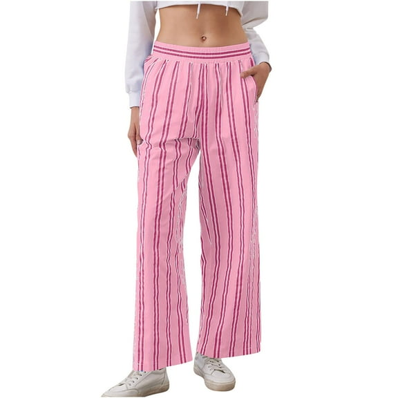 LEBONYARD Womens Pants Wide Leg,Womens Pants Dressy Casual,Women's Summer High Waisted Wide Leg Pants Stripe Matching Yoga Gym Long Pants Pink S