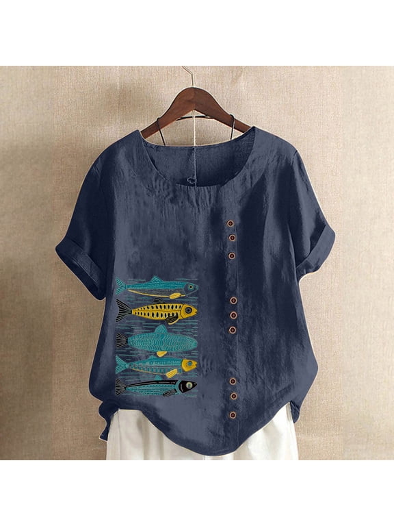 Clothes under $5 summer,Women Casual Cotton and Linen Top Ocean Fish Printed Short Sleeve Button Tunic T-shirt Blouse Tops Navy L