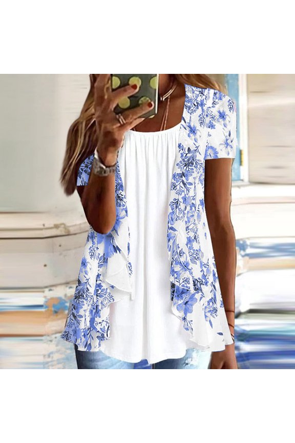 Spring Tops for Women LEBONYARD Womens Plus Size $5,Tops for Women Trendy Summer 50% off clear,Women's Short Sleeved Printed Round Neck Loose Fitting Two Piece Pleated T-shirt Top Blue XXL