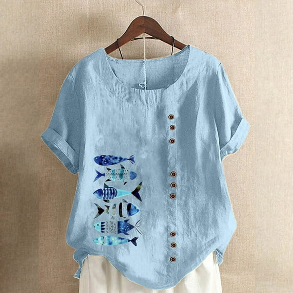 Workout Tops for Women LEBONYARD Womens Plus Size Clearance $5,Women Cotton and Linen Top Ocean Fish Printed Short Sleeve Button Tunic T-shirt Blouse Tops Blue L