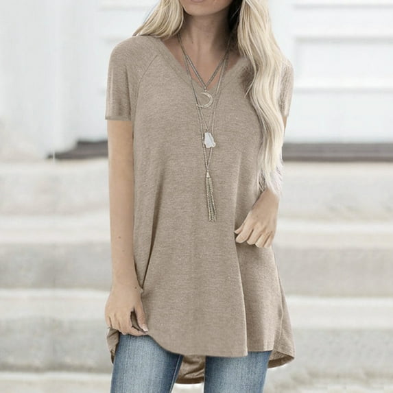 LEBONYARD Womens Plus Size Clearance $5,Women Fashion Plus Size Print V Neck Short Sleeved Long T-shirt Blouse Khaki XXXXL