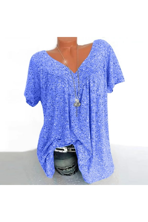 Womens Plus Size $5,Women Plus Size Short Sleeves V-Neck Print Blouse Pullover Tops Short Sleeve Blouses Sky Blue XXXXL