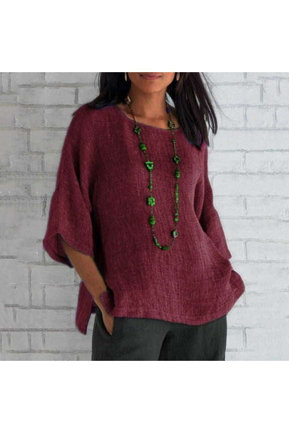 Womens Plus Size $5,Women's Ladies Fashion Cropped Sleeves Round Neck Cotton Loose Shirt Blouse Wine XL