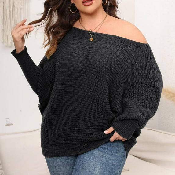 LEBONYARD Womens Plus Size Clearance $5,Womens Large Size Solid Color Long Sleeve Double Knit Lightweight Sweaters Pullover Casual Tops Black XXL