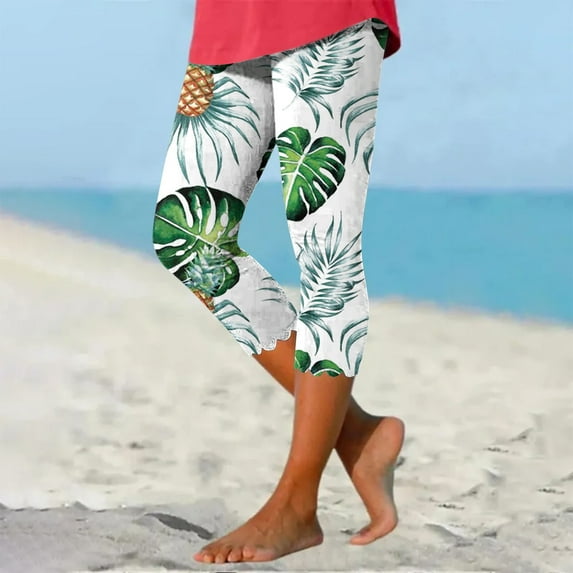 LEBONYARD Womens Plus Size Clearance $5,Womens Pants Elastic Waist 2024 Clearance,Women's Summer Casual Elastic Waist Printed Cropped Beach Pants Green L