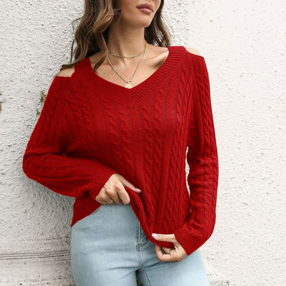 LEBONYARD Womens Plus Size Clearance $5,Womens Sweaters Dressy Casual Save up under 50%,Women's Off Shoulder V-Neck Sweater Women's Loose Winter Long Sleeve Knit Sweater Red M