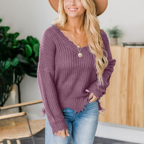 LEBONYARD Womens Plus Size Clearance $5,Womens Sweaters Dressy Casual Save up under 50%,Women's V-Neck Off Shoulder Loose Pullover Sweater Women's Loose Knit Sweater Irregular Sweater Purple M
