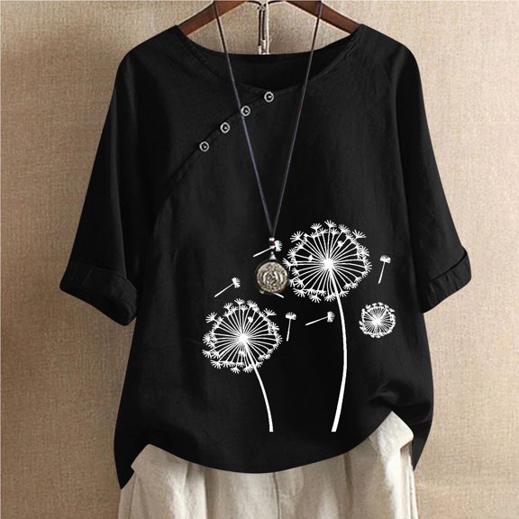 LEBONYARD Womens Plus Size Tops,Women's Cotton and Linen Printed T-shirt for Slimming and Casual Personality Printing Top for Women's Clothing Black XL