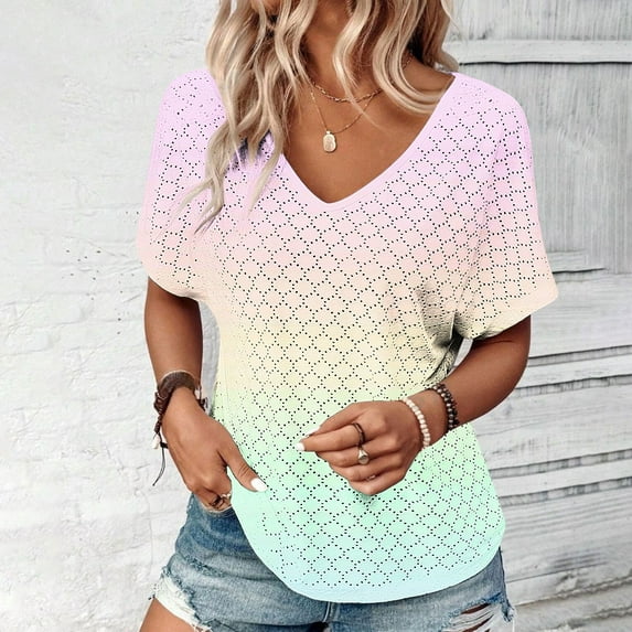 LEBONYARD Womens Plus Size Tops,Women's Fashion Solid Color Short-sleeved V-neck Loose Casual Tops Multicolor L