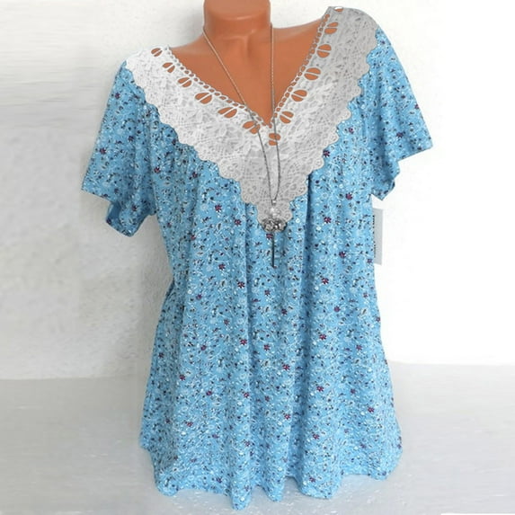 LEBONYARD Womens Plus Size Tops,Womens Tops Casual Clearance 2024,Women Fashion Casual Printing Shirts Short Sleeve Tops V Neck Lace Stitching Blouse Light Blue S