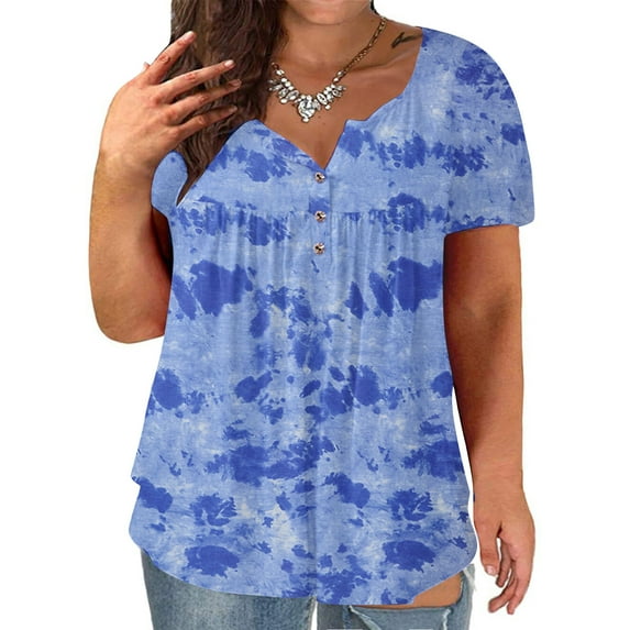 LEBONYARD Womens Plus Size Tops,Womens Tops Casual Clearance 2024,Women Plus Size V-neck Tie-dye Print Button Short Sleeve Tops T-Shirt Blouse Blue XXXXXL