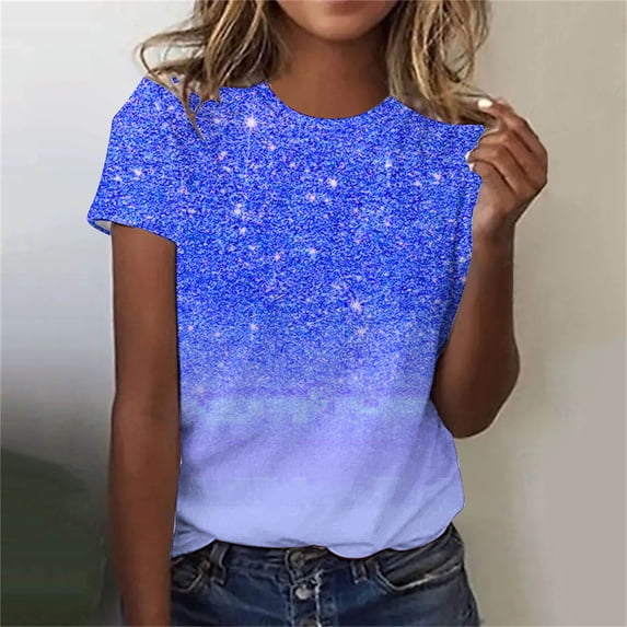 LEBONYARD Womens Plus Size Tops,Womens Tops Casual 2024,Women's Casual Sparkling Crystal Printed Round Neck Short Sleeved Top Blue M