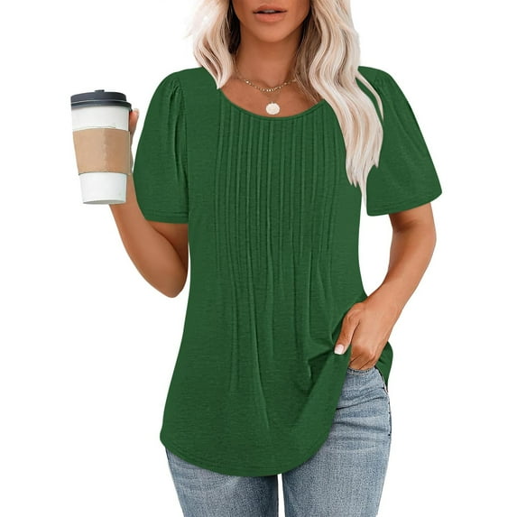 LEBONYARD Womens Plus Size Tops white blouse spring summer,Fashionable Women's Casual Short Sleeved Loose Round Neck Solid Color Top Green S