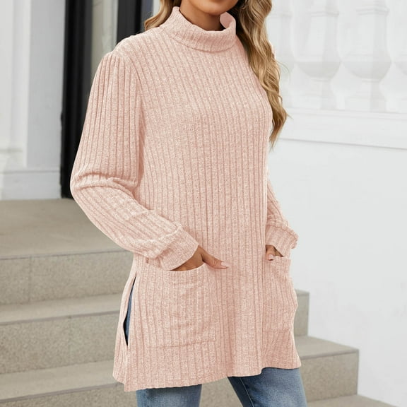 LEBONYARD Womens Plus Sweaters Clearance under $10,Women's Half High Neck Long Sleeve Loose Split Pocket Women's Top Pink M