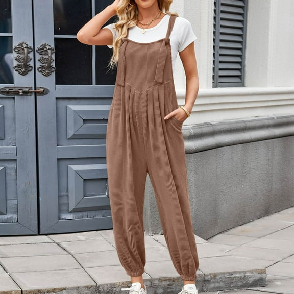 LEBONYARD Womens Rompers $5.00 Clearance,Women Fashion Straps Easy Pocket Foot Binding Jumpsuit Pants Brown XL