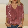 thumbnail image 1 of LEBONYARD Womens Shirts 3/4 Sleeve,Women's Fashion Casual Print V-neck 3/4 Sleeve Top Long Sleeved V-neck Top/Shirt Red S, 1 of 5