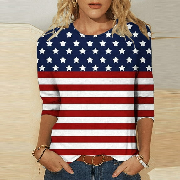 LEBONYARD Womens Shirts Clearance under $5,3/4 Sleeve Length Sleeve Women's Shirts Summer,Women's Fashion Three Quarter Sleeve Retro Round Neck Independence Printed Loose Tops Blouse Dark Blue XXL