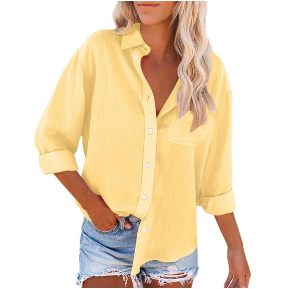 LEBONYARD Womens Shirts Clearance under $5,Womens Tops 3/4 Length Sleeve New Trendy,Womens Color Button Shirts V Neck Loose Blouse Longt Sleeve Casual Work Tunic Tops with Pocket Yellow XXL