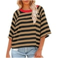 thumbnail image 1 of LEBONYARD Womens Shirts Clearance under $5,Womens Tops 3/4 Sleeve Tunic Clearance Save up under 50%,Women's Fashion 3/4 Sleeved Top Striped Knitted T-shirt Loose Fitting T-Shirt Brown M, 1 of 6