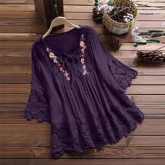 Tops for Women Trendy LEBONYARD Womens Shirts Clearance under $5,Womens Tops 3/4 Sleeve V Neck Clearance,Women Vintage Lace Patchwork Bow V-Neck Three Quarter Blouses T-Shirt Purple S