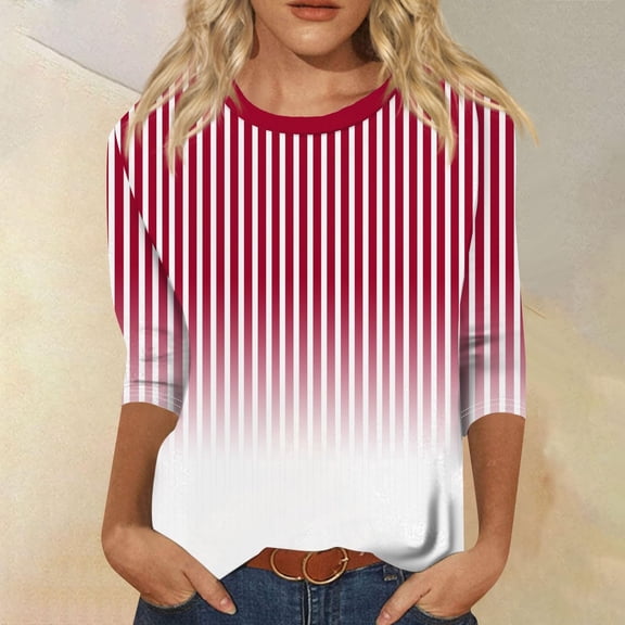 LEBONYARD Womens Shirts Long Sleeve Button Down Shirts,Blouses for Women Fall Tops,Women's Fashion Printed T-shirt 3/4 Sleeves Blouse Round Neck Casual Tops Red M