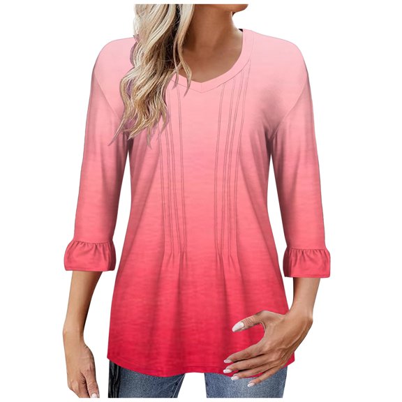 LEBONYARD Womens Shirts Long Sleeve Button Down Shirts,Plus Size Womens Shirts Save up under 50%,Women's 3/4 Bell Shaped Sleeve Top Pleated Loose Fitting Dress Shirt Trend Ruffle Sleeve Top Pink S