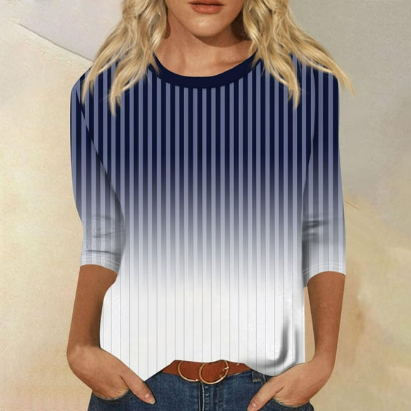 LEBONYARD Womens Shirts Long Sleeve,Fall Tops for Womens 2024 Trendy New,Women's Fashion Printed T-shirt 3/4 Sleeves Blouse Round Neck Casual Tops Navy M